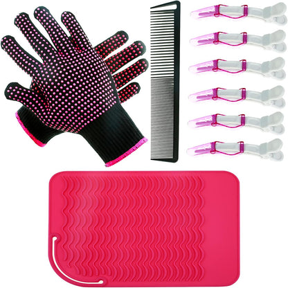 Farger heat resistant hair styling gloves and pink silicone mat front view styling tools