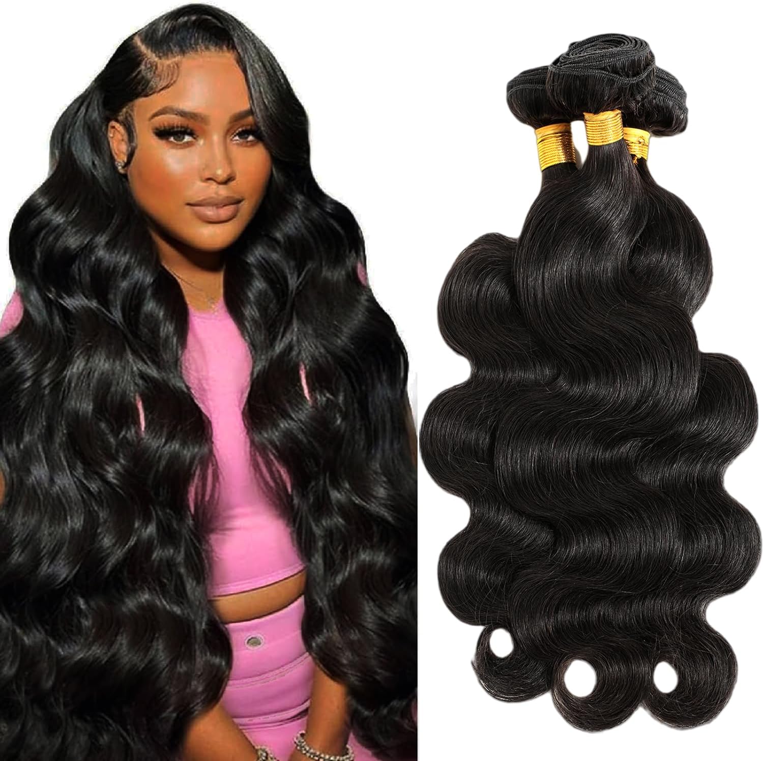 BELE 12A human hair bundles front view displaying three long body wave extensions in natural black