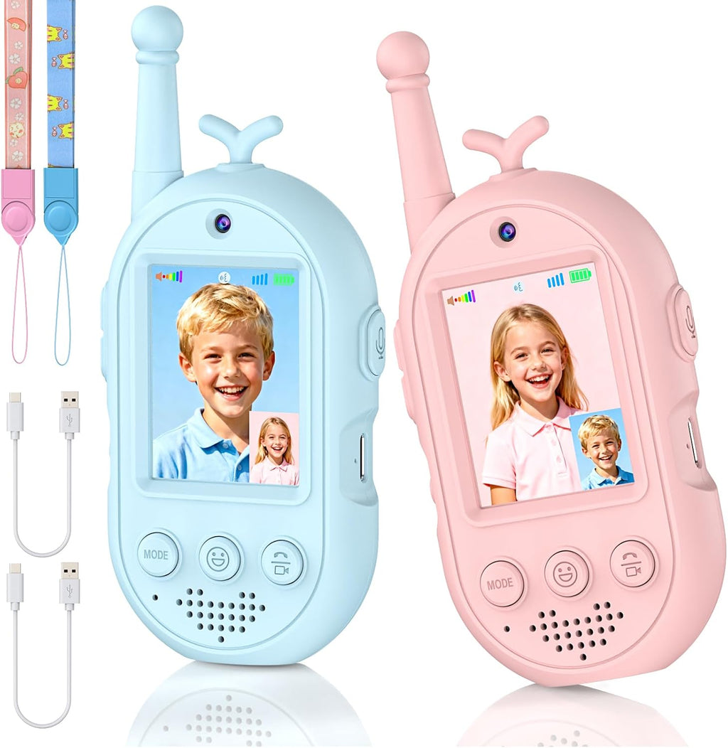 YUSSBCU video walkie talkies for kids front view showing blue and pink rechargeable units with display screens