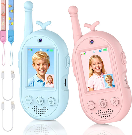 YUSSBCU video walkie talkies for kids front view showing blue and pink rechargeable units with display screens