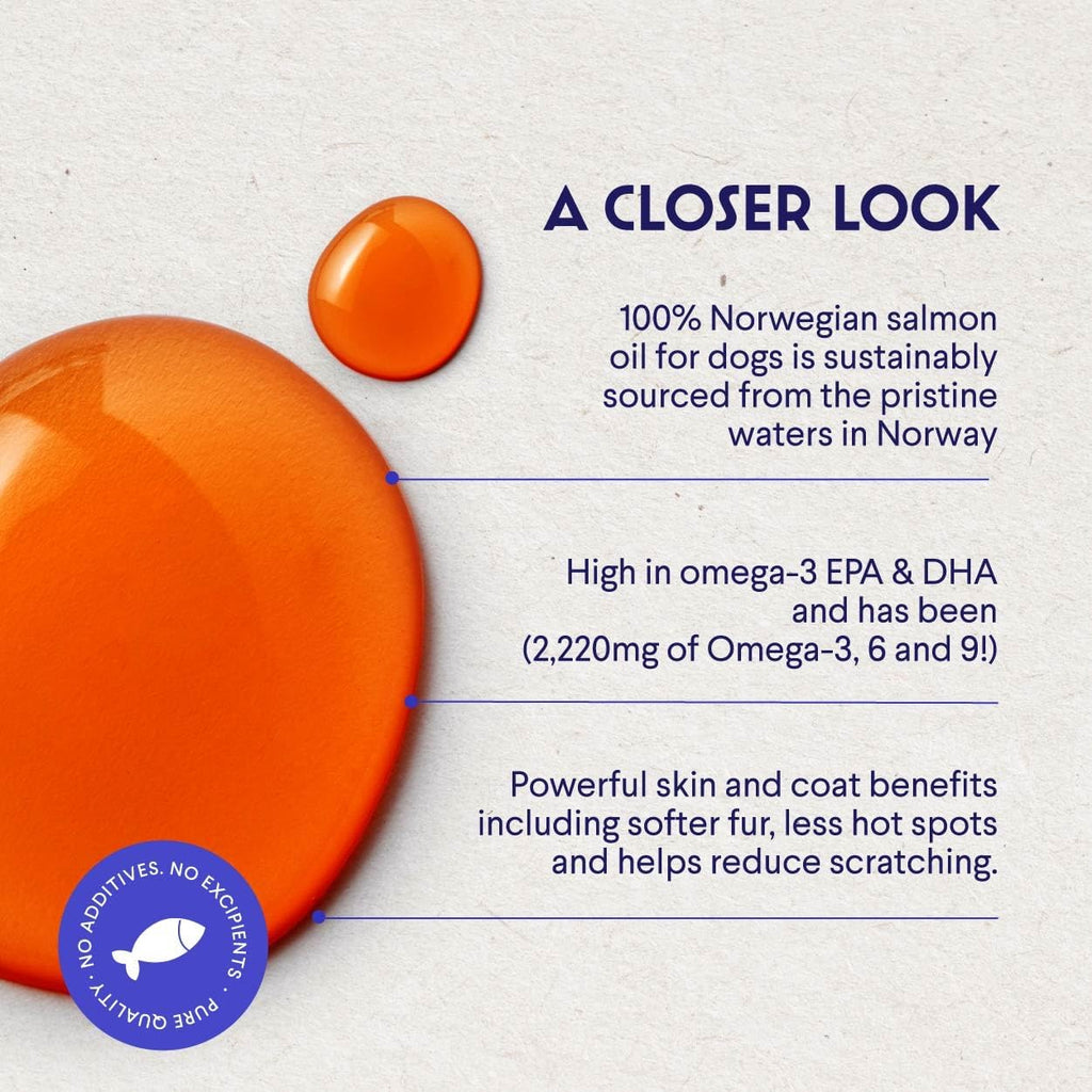 Pure liquid fish oil for dog skin and coat health supplement bottle label details