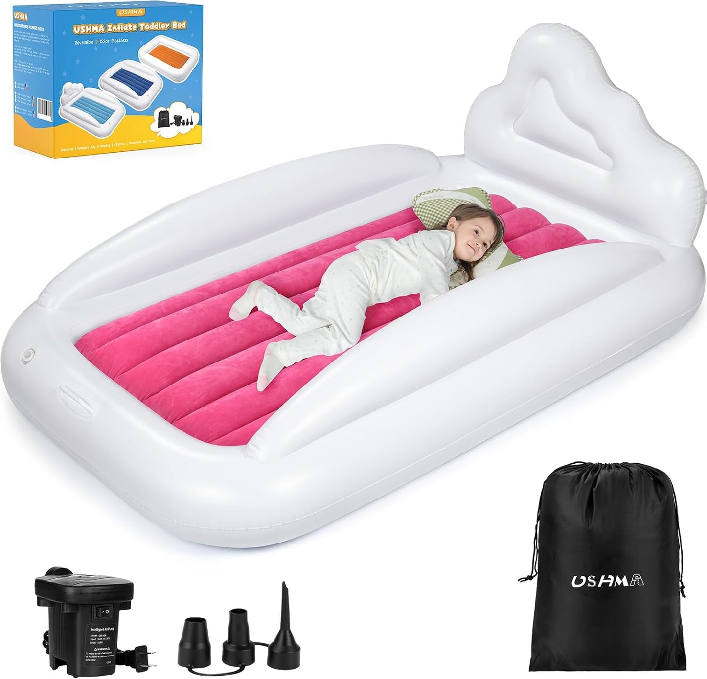 USHMA inflatable toddler travel bed front view showing pink side and cloud headboard