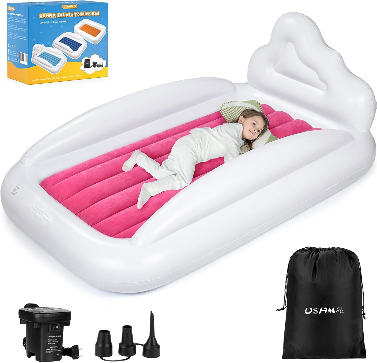 USHMA inflatable toddler travel bed front view showing pink side and cloud headboard