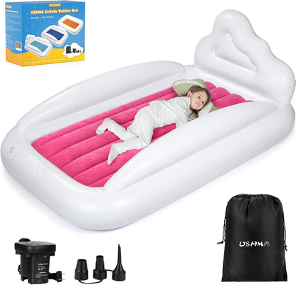 USHMA inflatable toddler travel bed front view showing pink side and cloud headboard