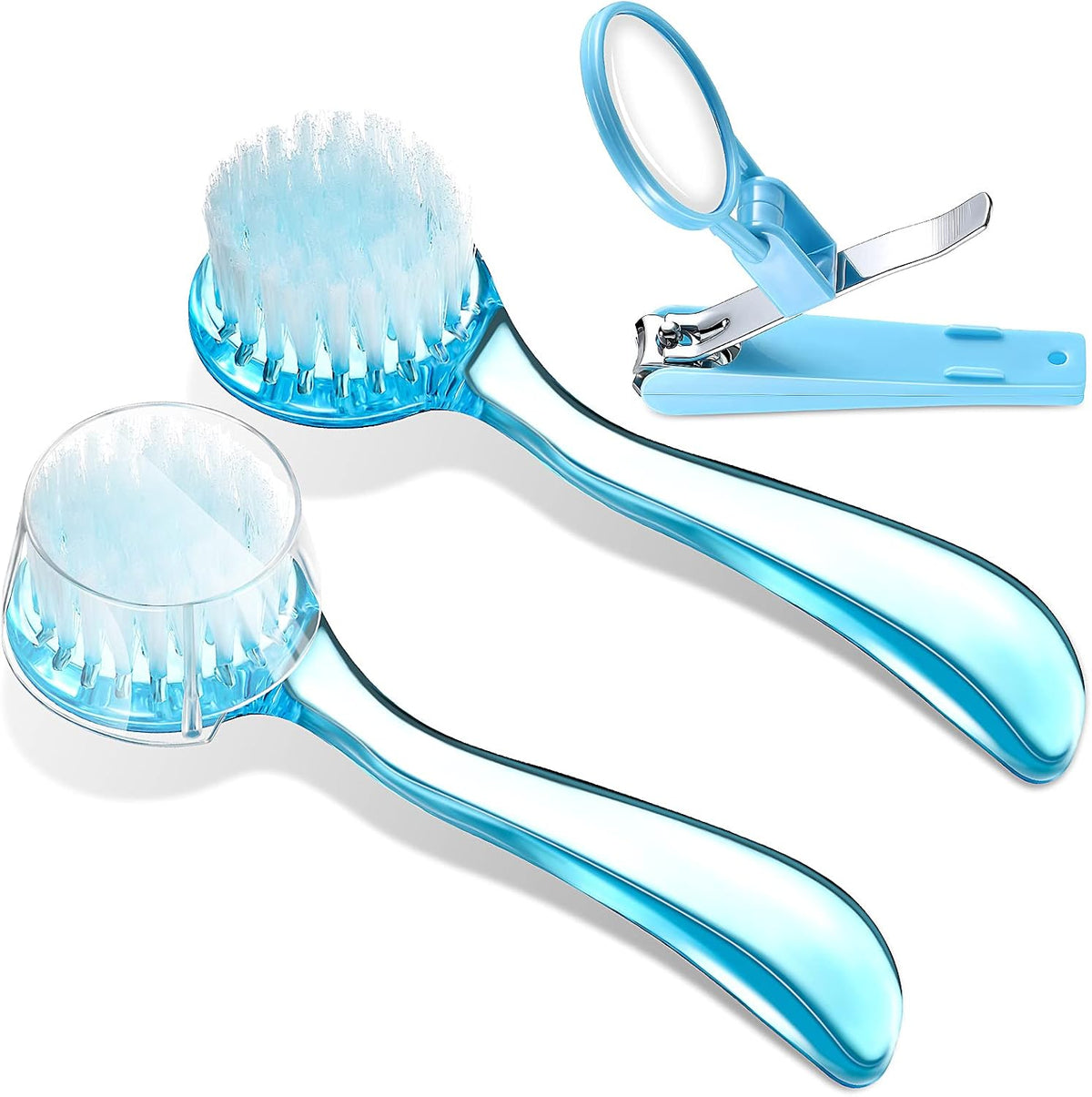 Mudder small animal grooming kit front view featuring two blue bath brushes and a magnifying nail clipper