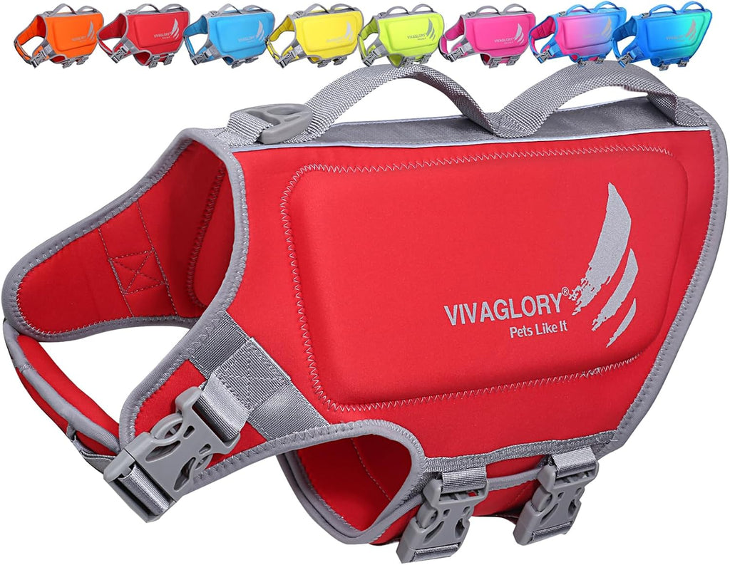 Packaging and size chart view for the Vivaglory medium dog safety jacket.