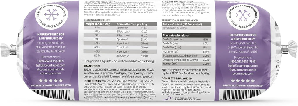 CountryPet Naturals frozen venison roll packaging details