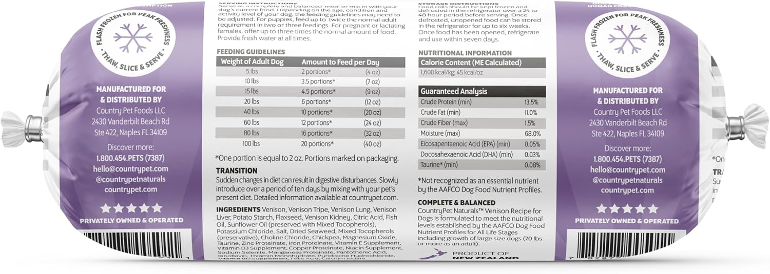 CountryPet Naturals frozen venison roll packaging details