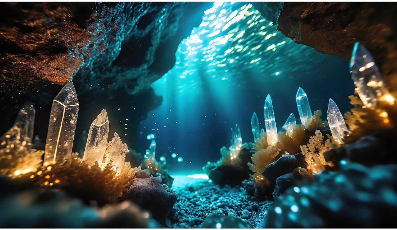 Riivvdise aquarium background front view showing underwater cave with crystal formations.