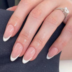 Modelones French Tip press on nails front view showing short almond shape