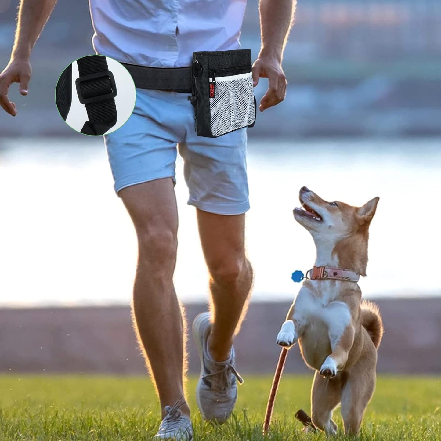 Close up view of the durable 600D nylon material and heavy duty metal clips on the SZO pet pouch.