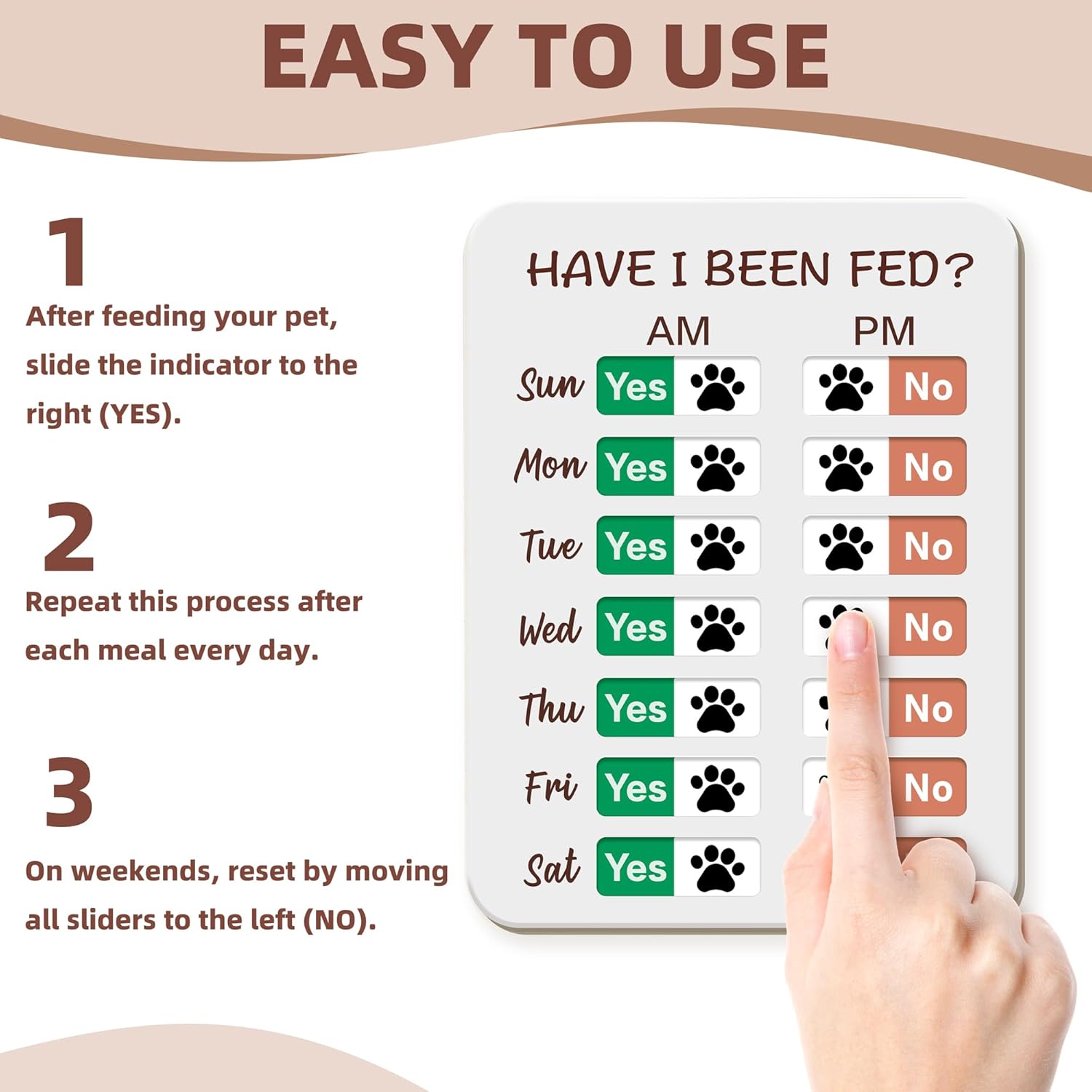 Large size weekly pet meal tracker sign with green completed indicators.