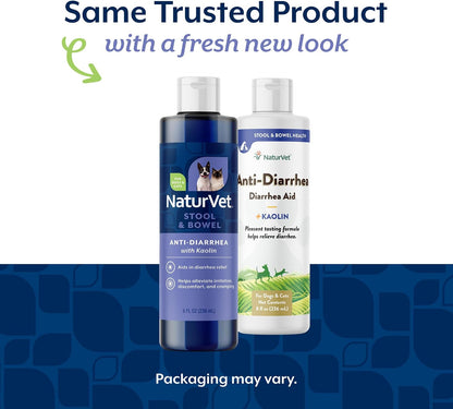 NaturVet Anti-Diarrhea liquid supplement packaging showing pet usage
