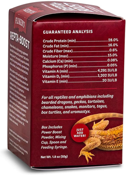 Back label of Fluker's Repta Boost showing nutritional information and directions for reptile care.