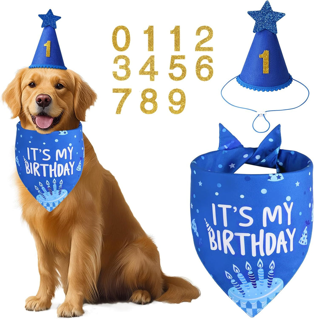 Agroon blue dog birthday bandana displaying its my birthday white lettering print