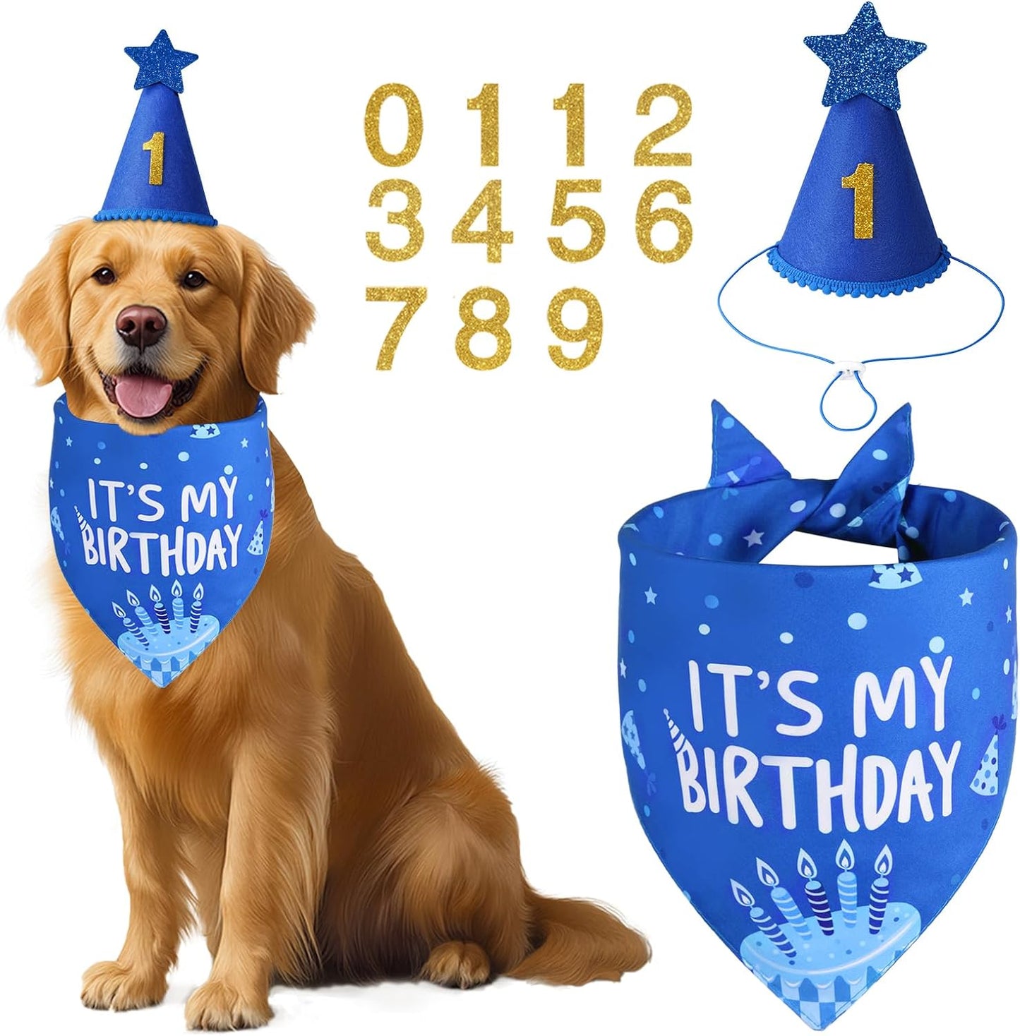 Agroon blue dog birthday bandana displaying its my birthday white lettering print