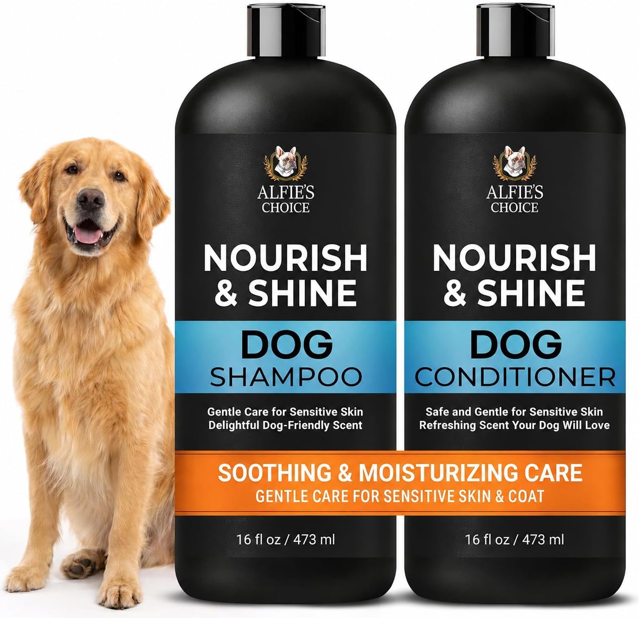 Alfie's Choice Dog Shampoo and Conditioner Set front view bottle packaging for pet grooming.