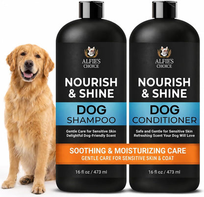 Alfie's Choice Dog Shampoo and Conditioner Set front view bottle packaging for pet grooming.