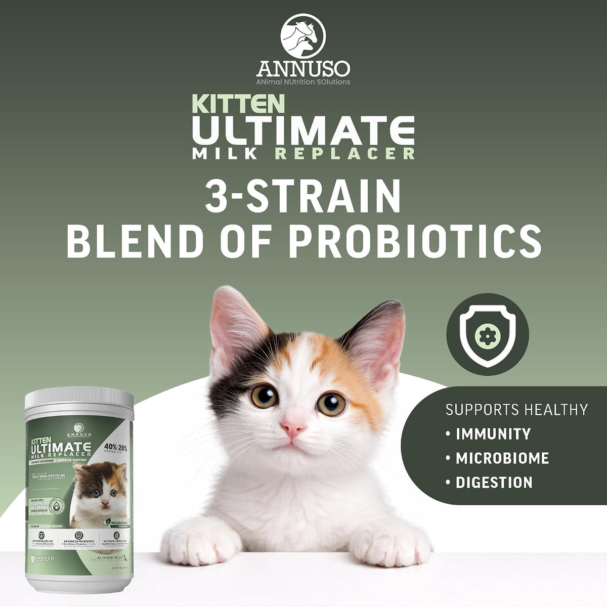 Premium imported ANNUSO kitten milk powder enhanced with gentle goat milk proteins.