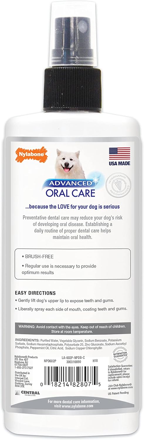Detailed view of Nylabone Advanced Oral Care spray label