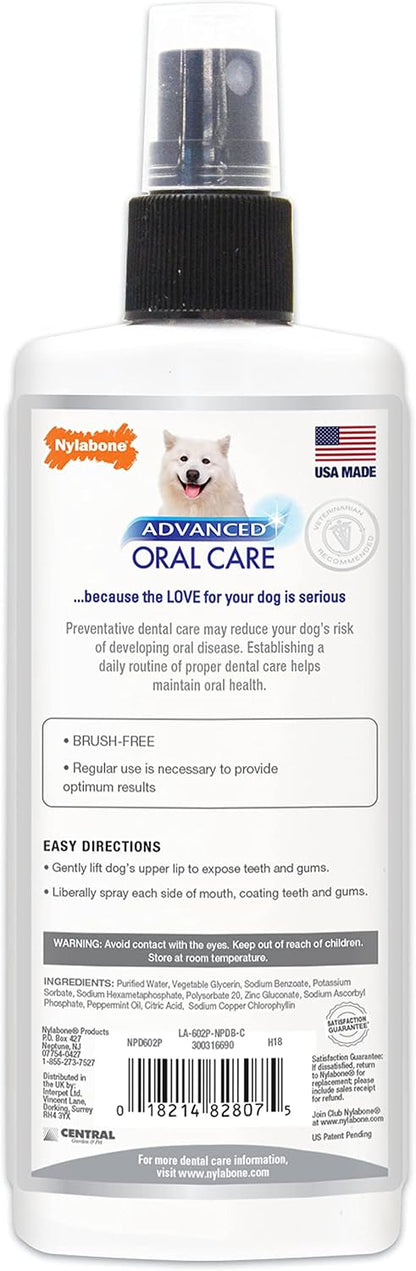 Detailed view of Nylabone Advanced Oral Care spray label
