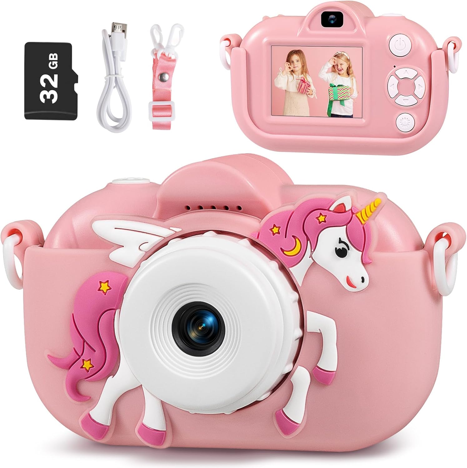 Lokiqua kids digital camera pink unicorn front view lifestyle product shot