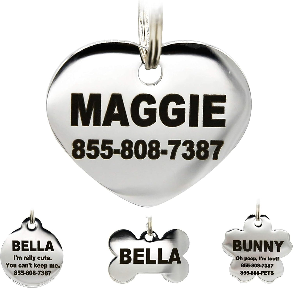 Stainless Steel Pet ID Tags - Engraved Personalized Dog Tags, Cat Tags Front & Back up to 8 Lines of Text - Bone, Round, Heart, Flower, Badge, House, Star, Rectangle, Bow Tie - Image 9