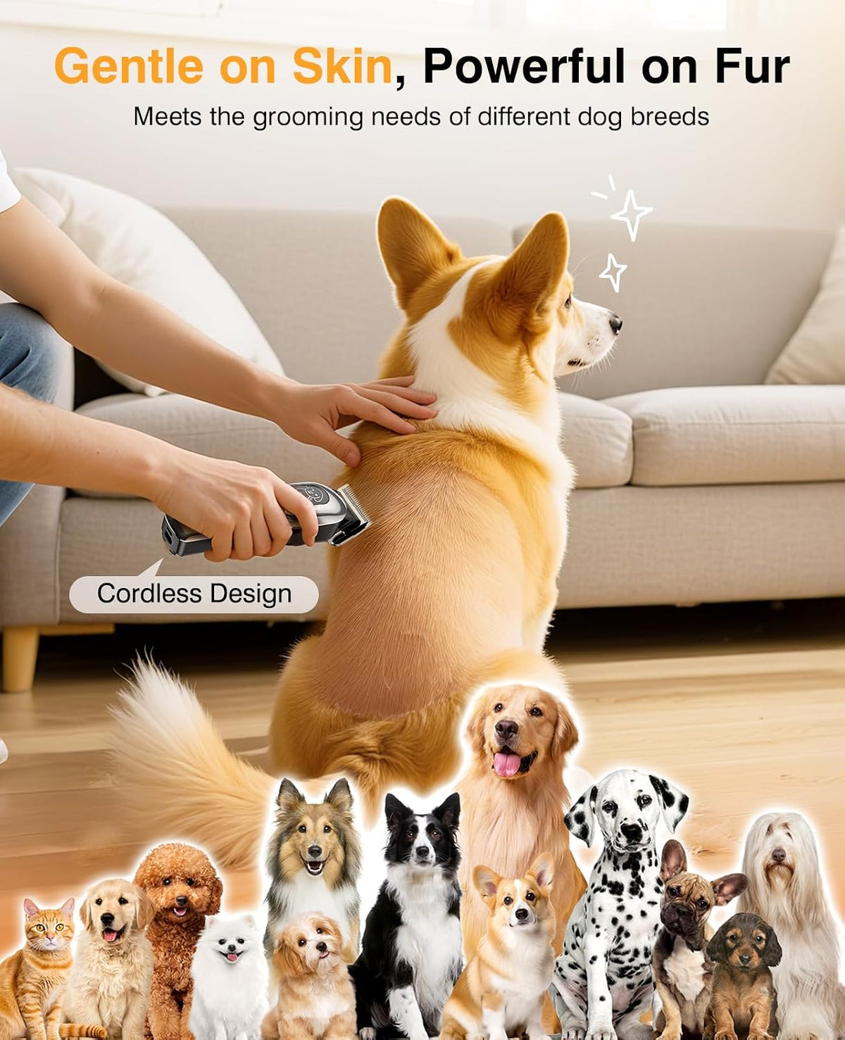 Complete Mearens grooming kit accessories including guide combs and trimming scissors
