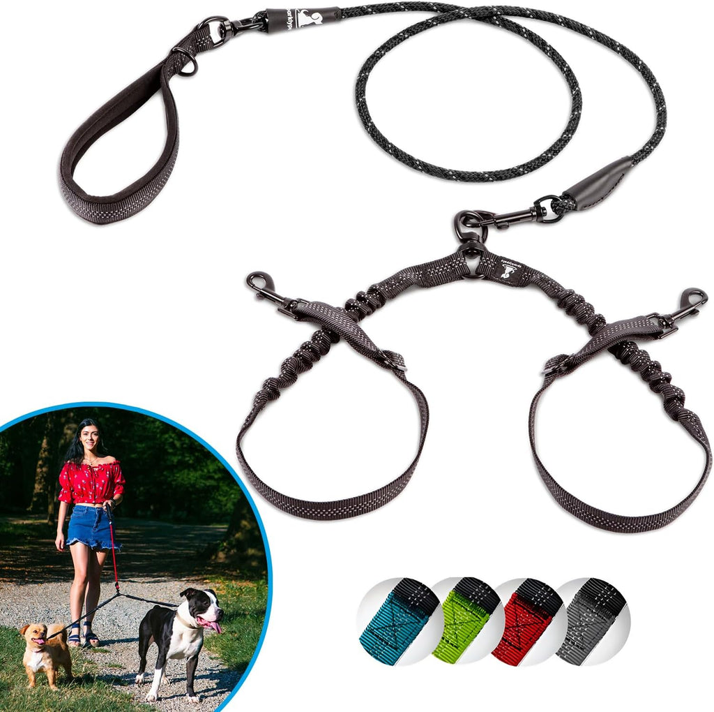 SparklyPets authentic USA imported double dog leash packaging layout with all included accessories