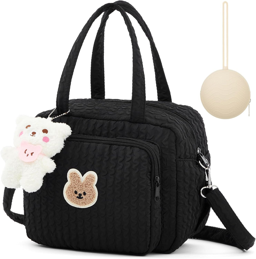 Lushandy small diaper bag tote front view in black quilted nylon