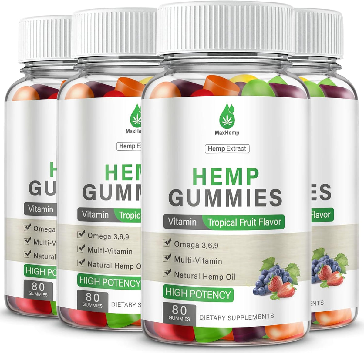 MaxHemp Organic Hemp Gummies 4 pack front view for relaxation.