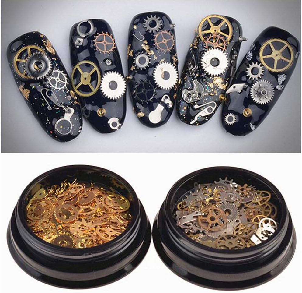 XINGZI steampunk gears nail art charms front view of two clear storage boxes showing assorted metallic wheels