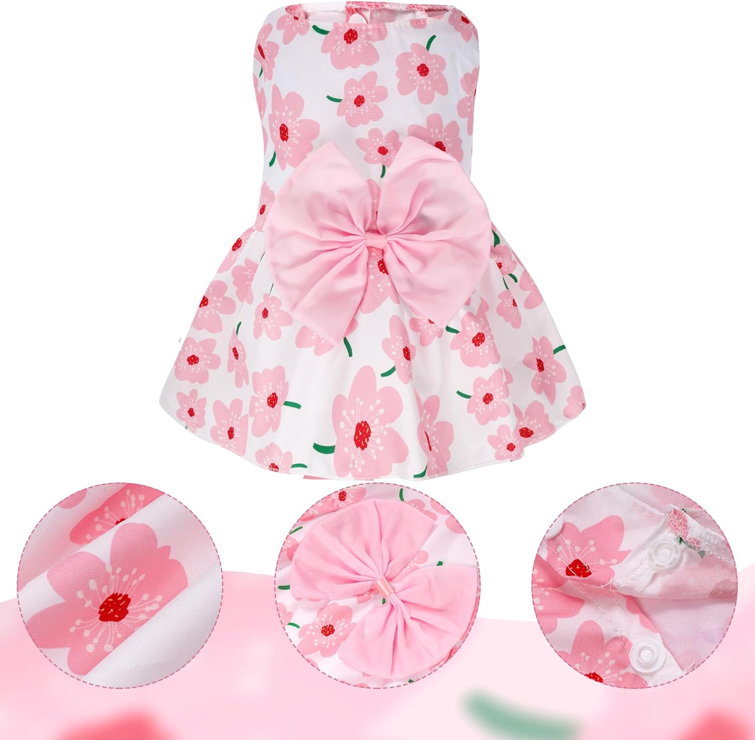 Side view of a small puppy wearing the classic vest style pink pet skirt.