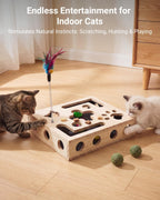 Feline sniffing treats hidden inside the wooden foraging puzzle box