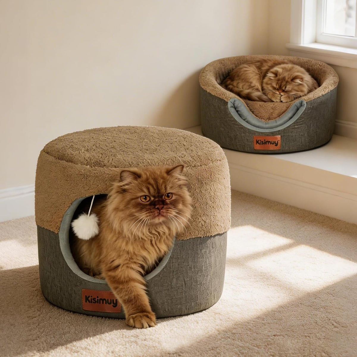 2-in-1 Foldable Cat Bed for Indoor Cats, Cat Cave & Sofa Bed | 15.7"D x 13"H, Reversible Plush & Linen Cushion,Enclosed Cat Bed, Hanging Cat Toys, Non-Slip, Small Cat House, Grey - Image 10