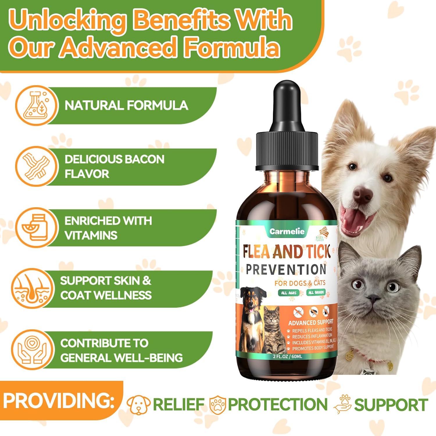 Carmelie pet flea and tick prevention ingredients and benefits panel