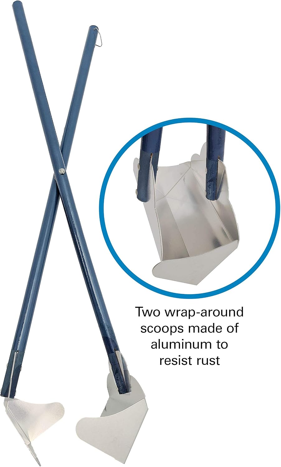 Four Paws sanitary pet waste scoop showing the interchangeable rake attachment for lawn use.