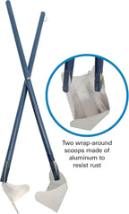 Four Paws sanitary pet waste scoop showing the interchangeable rake attachment for lawn use.