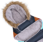 Detail of faux fur trimmed hood on HDE dog coat