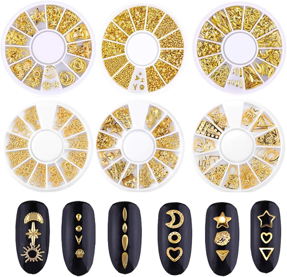 Beuniar 3D gold nail art studs front view of six individual wheel boxes showing assorted shapes