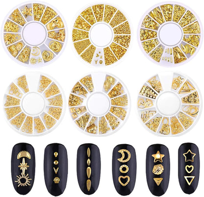 Beuniar 3D gold nail art studs front view of six individual wheel boxes showing assorted shapes