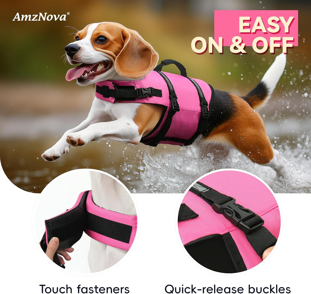 Pink dog water vest displaying the metal D ring leash attachment point.