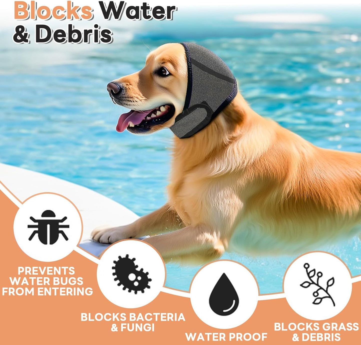 Side profile of dog wearing Novadex calming ear cover