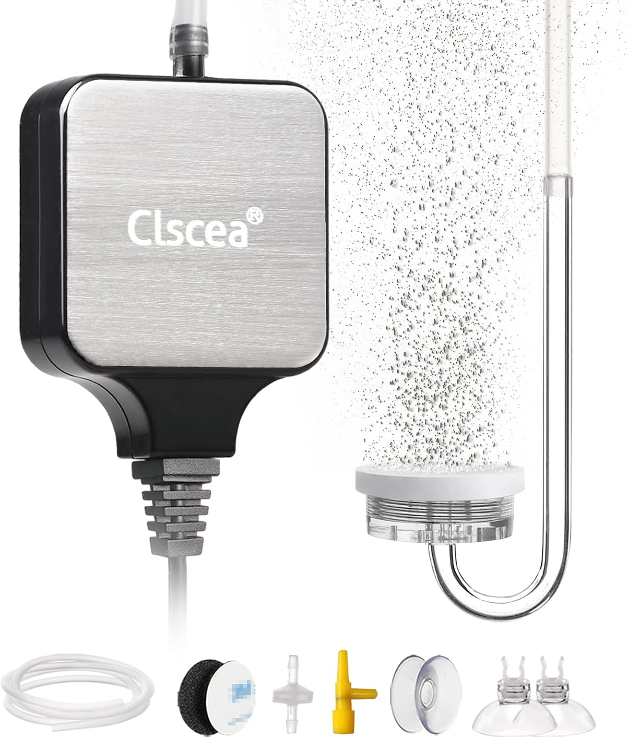 Clscea small aquarium air pump complete kit front view showcasing metallic faceplate