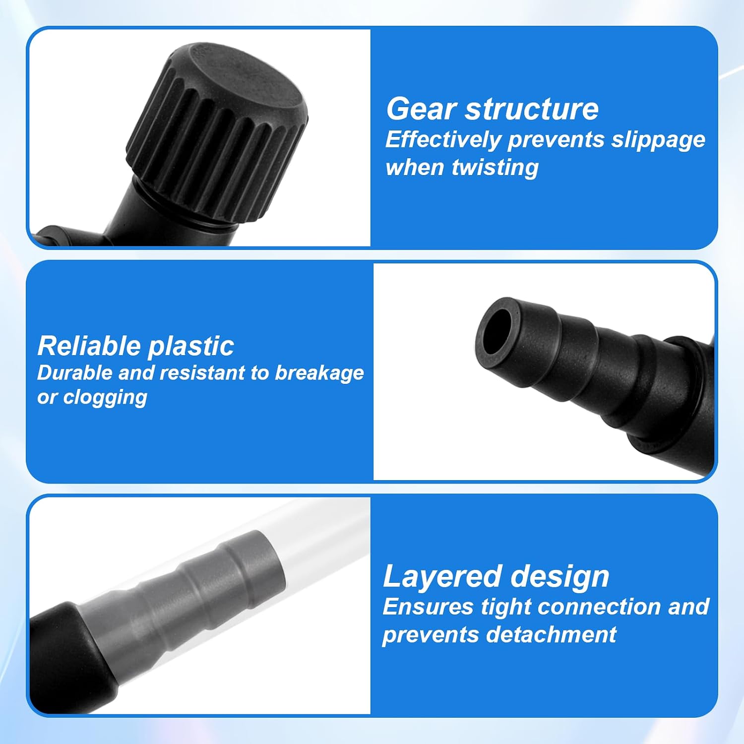 Black plastic single way air pump control valve connected to clear fish tank tubing.