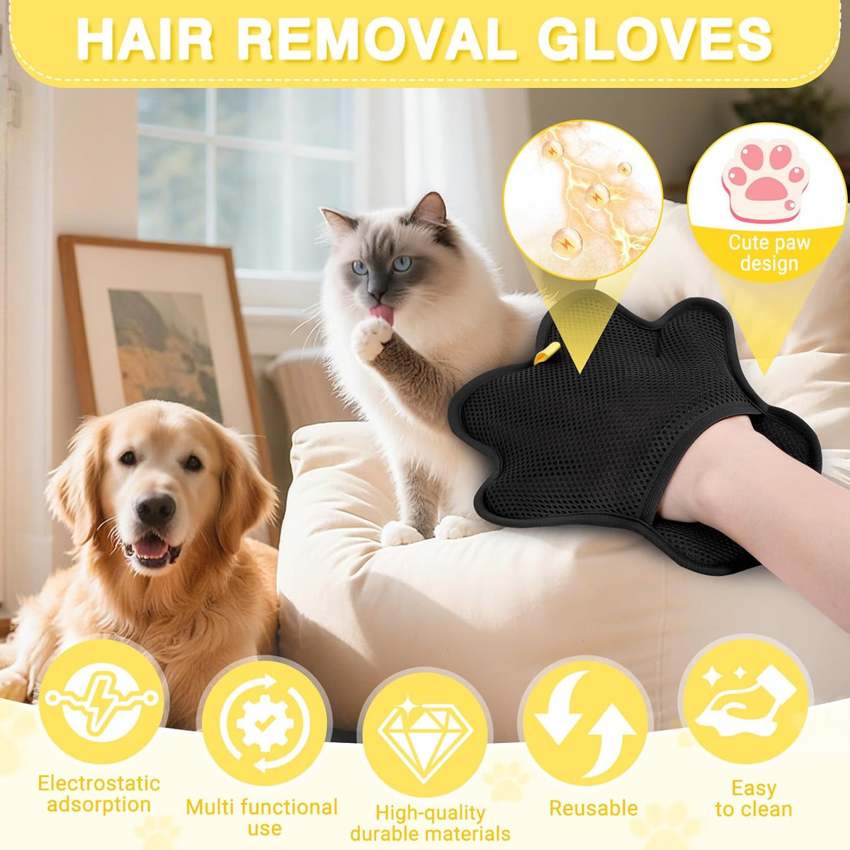 Five-finger electrostatic grooming mitt attracting cat and dog fur from couch fabric