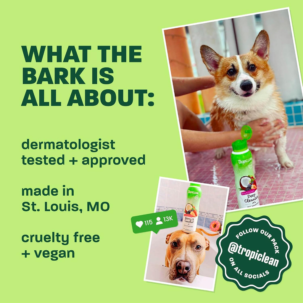 TropiClean deshedding dog conditioner bottle alongside the matching shed control shampoo