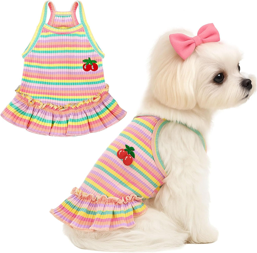 Cute Small Dog Dress Girl Female Dog Clothes Spring Summer Pet Puppy Cats Striped Dress Outfits for Shih Tzu Yorkies Chihuahua Maltese(Strawberry Pink,Small) - Image 9