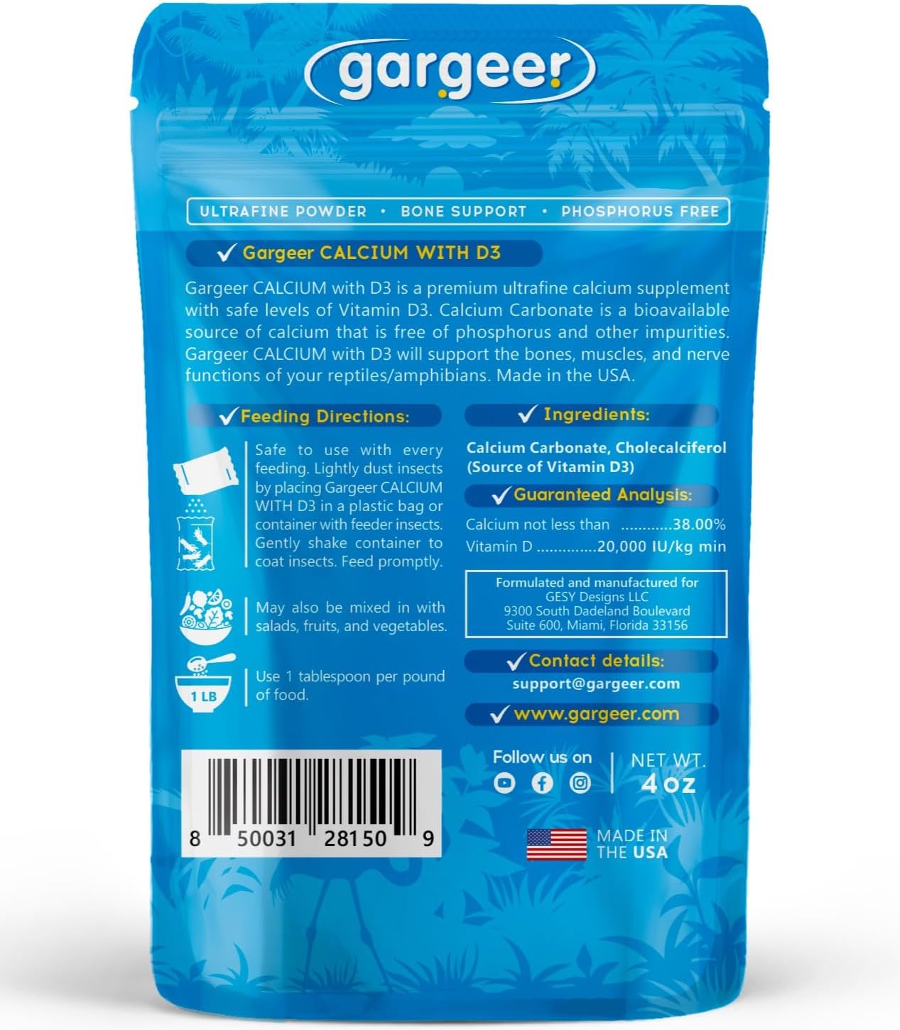 Gargeer reptile calcium supplement 4 ounce packaging details