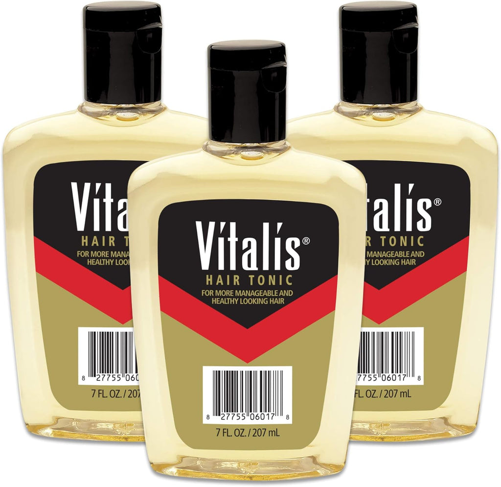 Vitalis Hair Tonic front view bottle showcasing the distinctive black red and gold label grooming liquid
